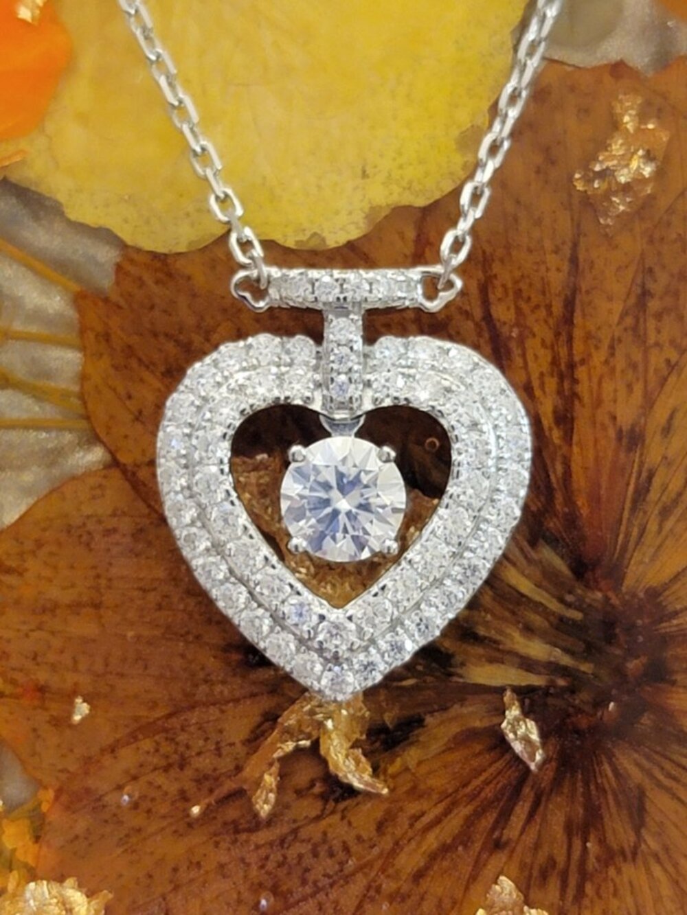 1.28CT Moissanite Heart Halo Necklace Silver Vermeil 16+2 NWT